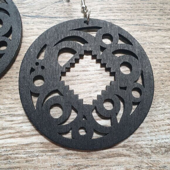 Large Round Black Laser Cut Wooden Earrings Women Gift Hook African Inspired - Picture 3 of 4
